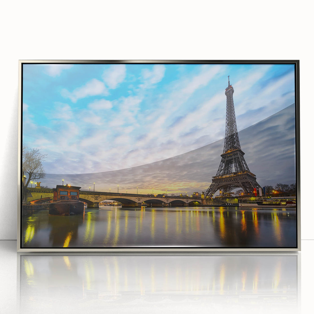Large acrylic print of Paris scenery in muted colors, framed in silver, ideal for modern art wall decor.