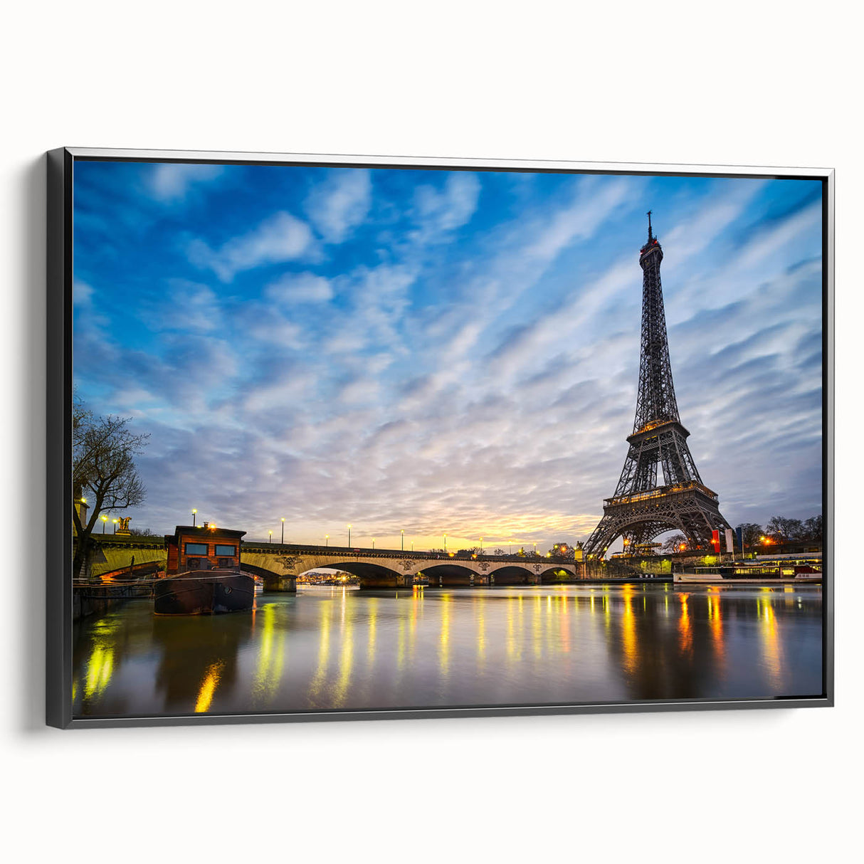 Black and white vintage poster art of Paris landscape on framed canvas, ideal for bedroom wall decor.
