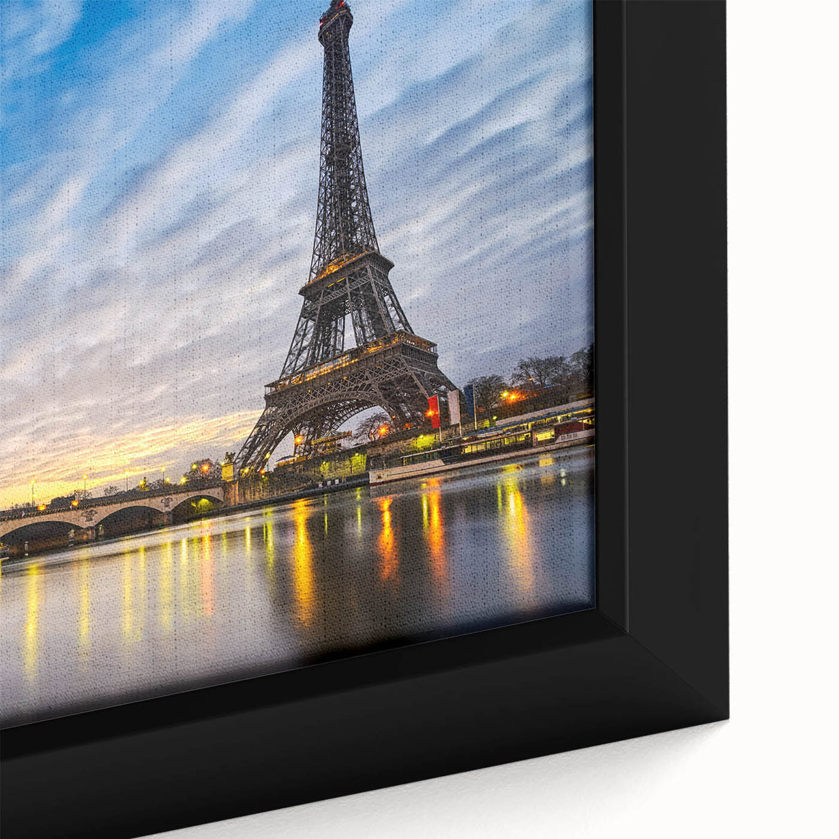 Extra large black wall art featuring a textured Paris scenery in colorful hues on a framed canvas.