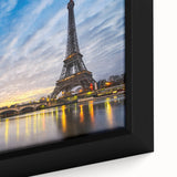 Extra large black wall art featuring a textured Paris scenery in colorful hues on a framed canvas.