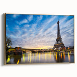 Framed canvas of a vintage Paris landscape in black and gold tones, ideal for bedroom wall art.