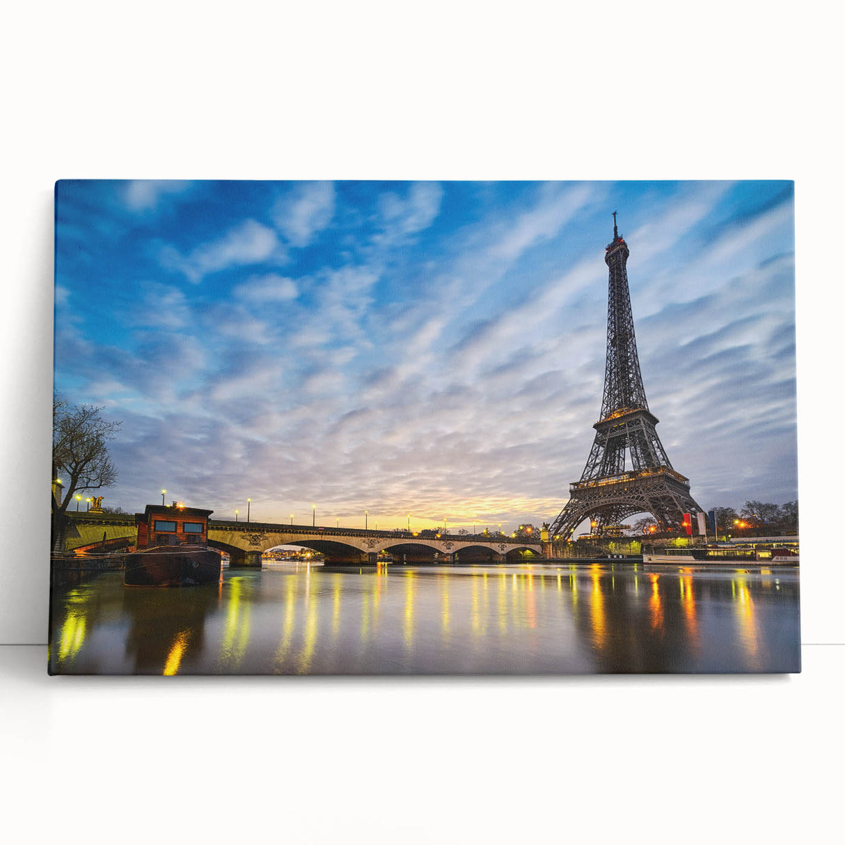 Black and white large art print of Paris scenery on stretched canvas, ideal for kitchen wall art.