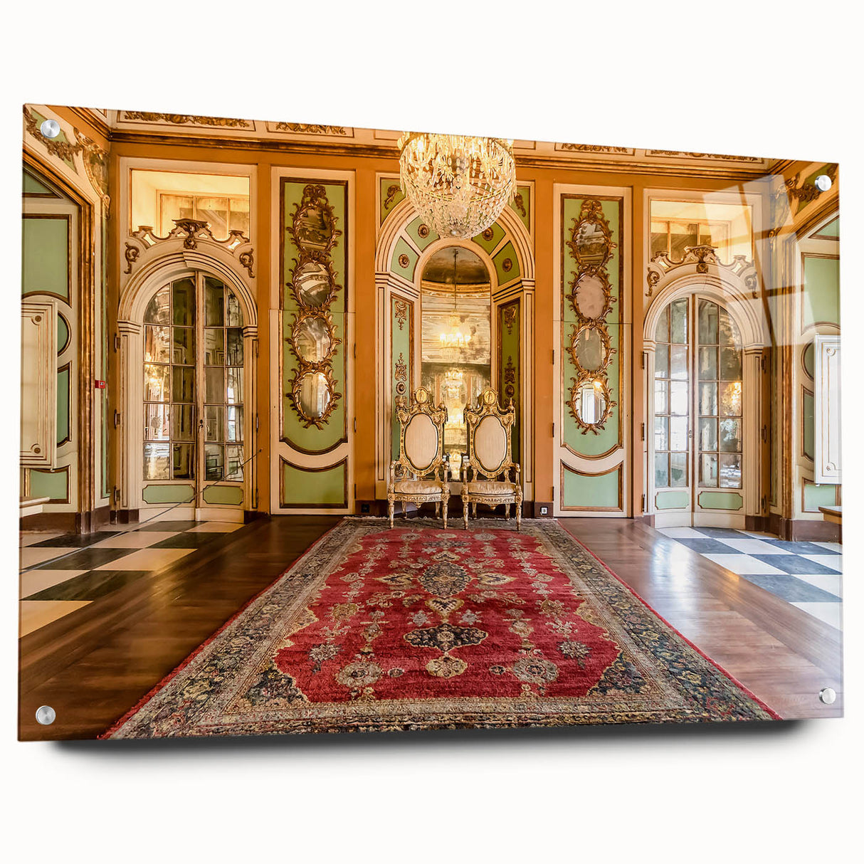 Acrylic glass print of Versailles scenery in muted greens and blues, ideal for dining room decor.