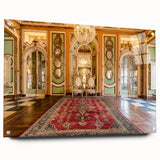 Acrylic glass print of Versailles scenery in muted greens and blues, ideal for dining room decor.