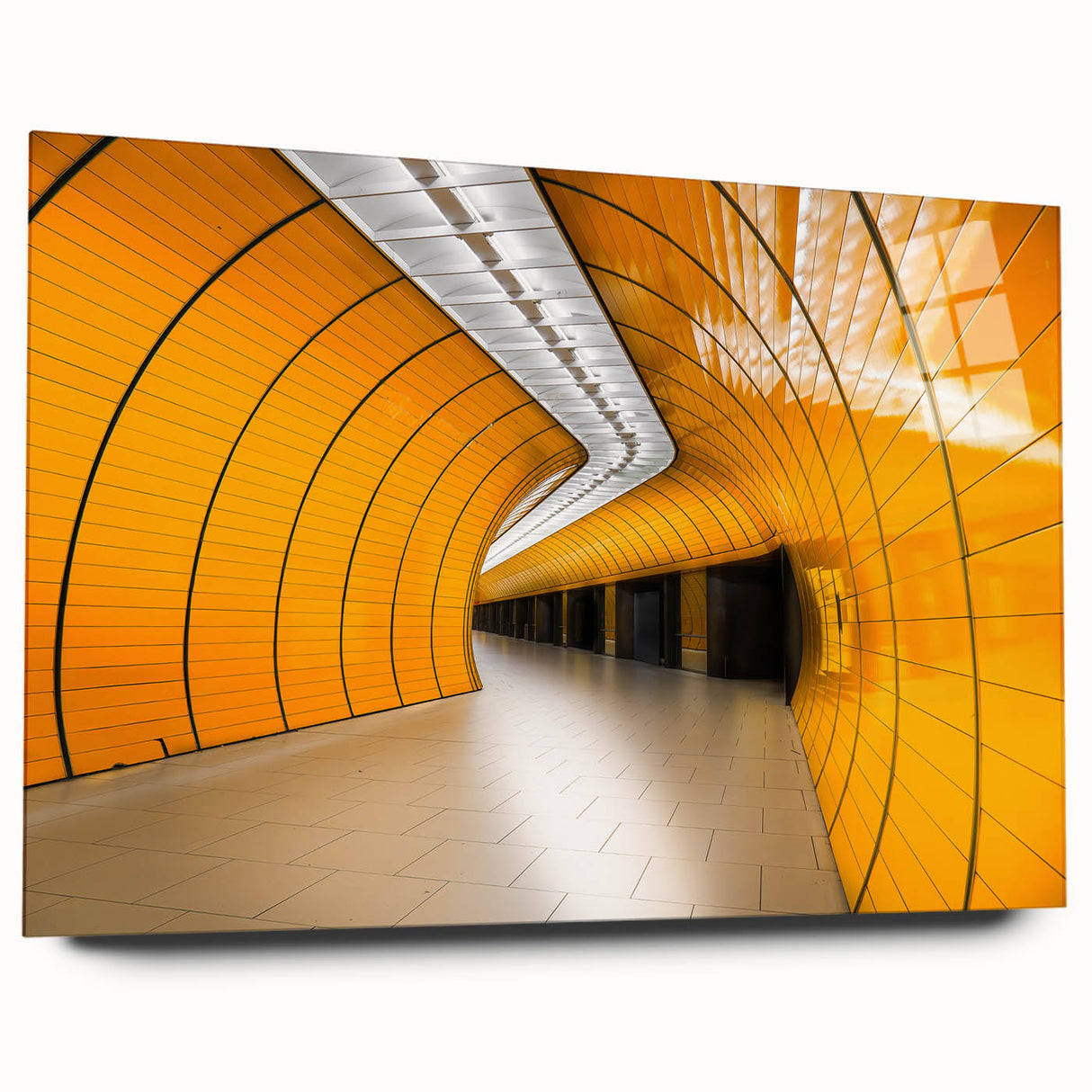 Large abstract wall art of Munich scenery in muted earth tones on acrylic glass, suitable for bedroom or dining room decor.