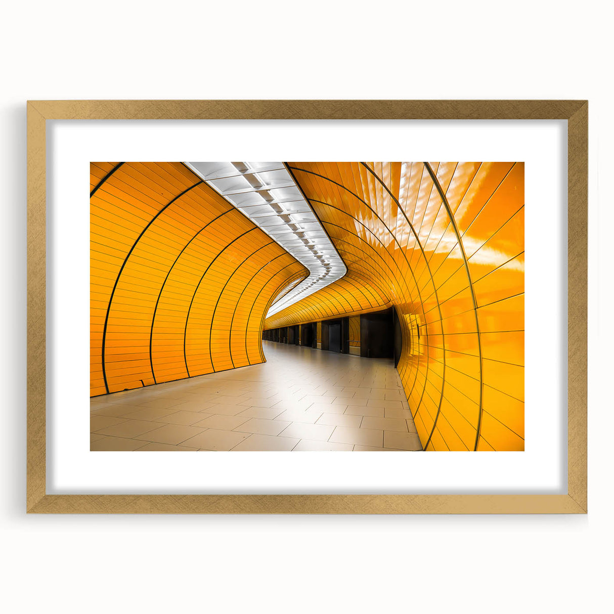 Abstract art print of Munich skyline in muted gold and blue tones on a framed canvas, ideal for dining room decor.
