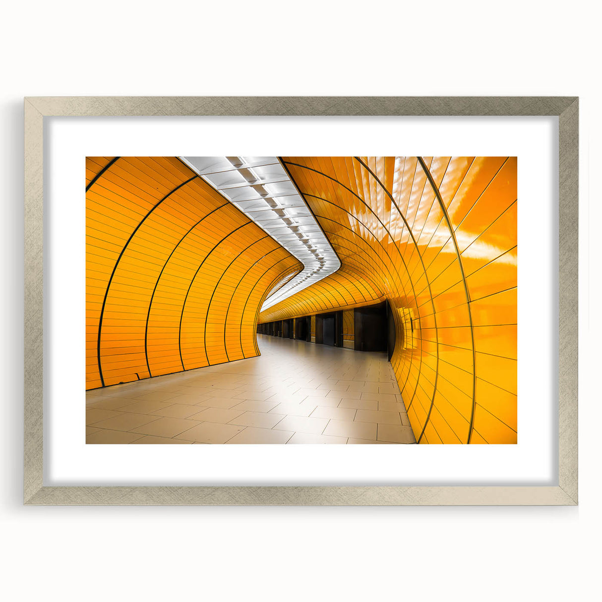 Extra large abstract art print of Munich scenery in muted earth tones on a textured canvas, framed in silver.