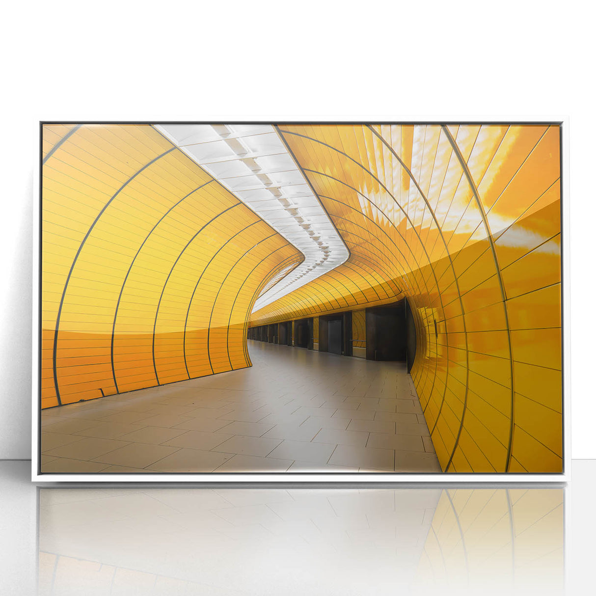 Mid-century modernist art of Munich skyline in muted earth tones on framed acrylic, suitable for nursery wall decor.