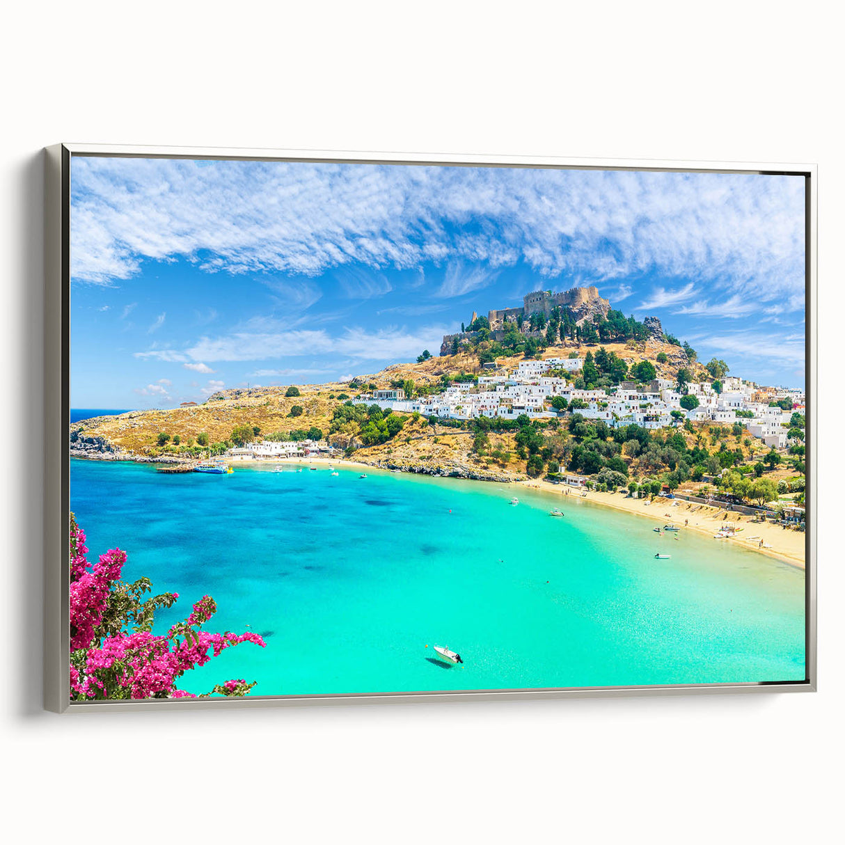 Landscape art painting of Rhodes, Greece, featuring colorful houses and a sunset sky on a framed canvas.