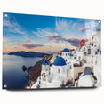Acrylic print of Santorini scenery with vivid blue and white tones, suitable for bedroom or dining room decor.