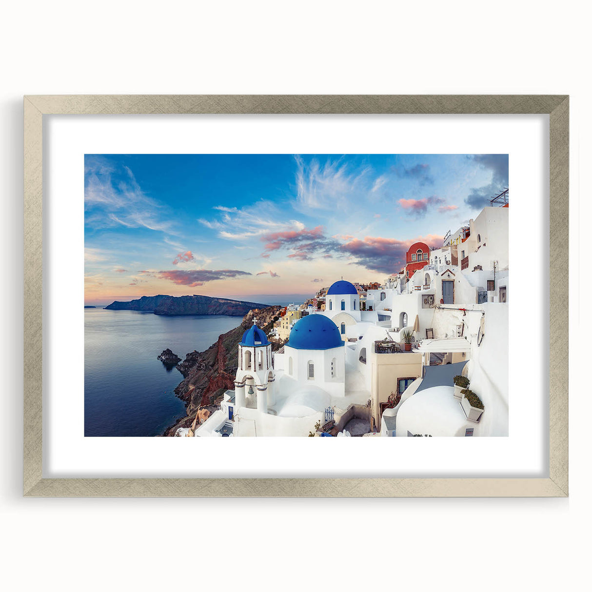 Extra large wall art featuring an abstract print of Santorini with textured blue and white hues on a framed canvas.