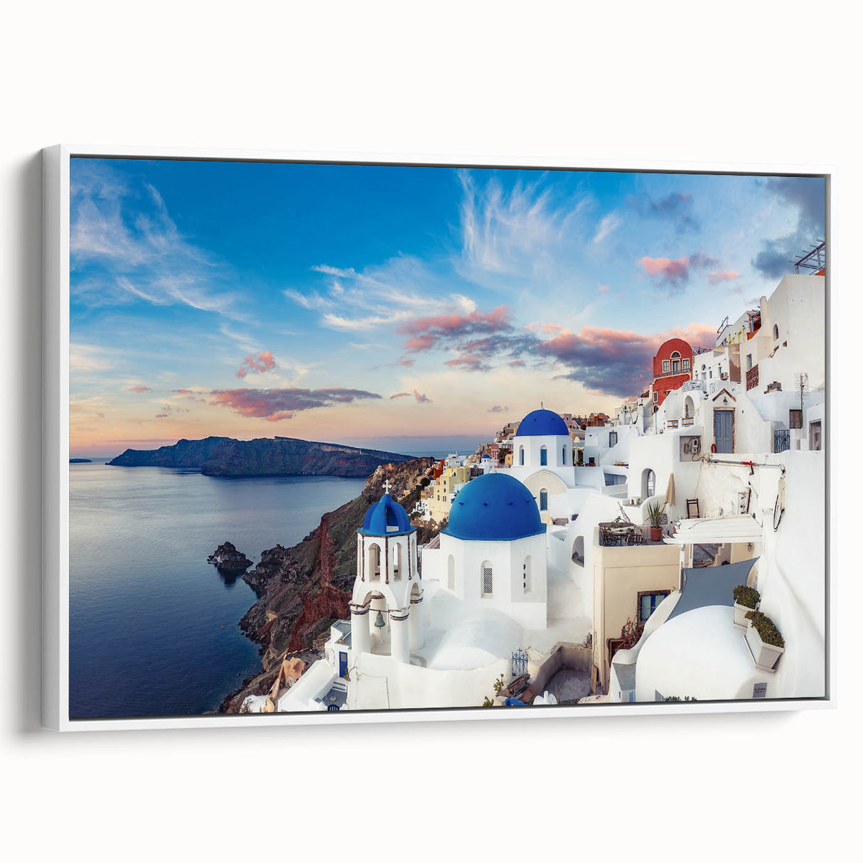 Vintage poster art of Santorini with vibrant blue and white hues on a framed canvas, ideal for living room decor.