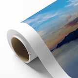 Art deco poster of Santorini, Greece with pastel blue and white tones on rolled canvas, ideal for nursery wall art.