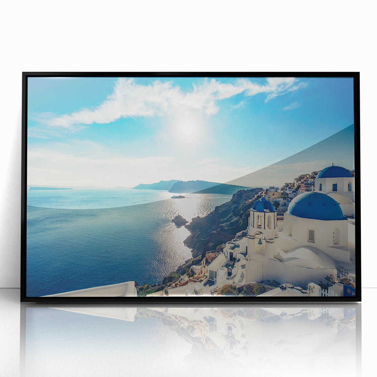 Large abstract wall art depicting a European Greek landscape in muted tones, framed in black acrylic.
