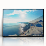 Large abstract wall art depicting a European Greek landscape in muted tones, framed in black acrylic.