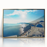 Acrylic print of a European scenery in Greece, with gold frame, in art deco style, suitable for modern art wall decor.
