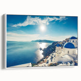 Vintage poster art of a scenic Greek landscape on a framed canvas, featuring vibrant colors, ideal for living room decor.