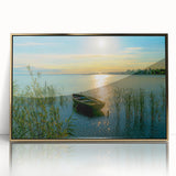 Art deco poster of a European scenery in Hungary featuring muted gold and blue tones on a framed acrylic.