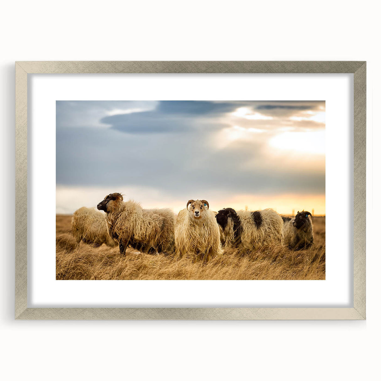 Extra large abstract art print of Icelandic scenery in muted gray and silver tones, framed with a silver mat.