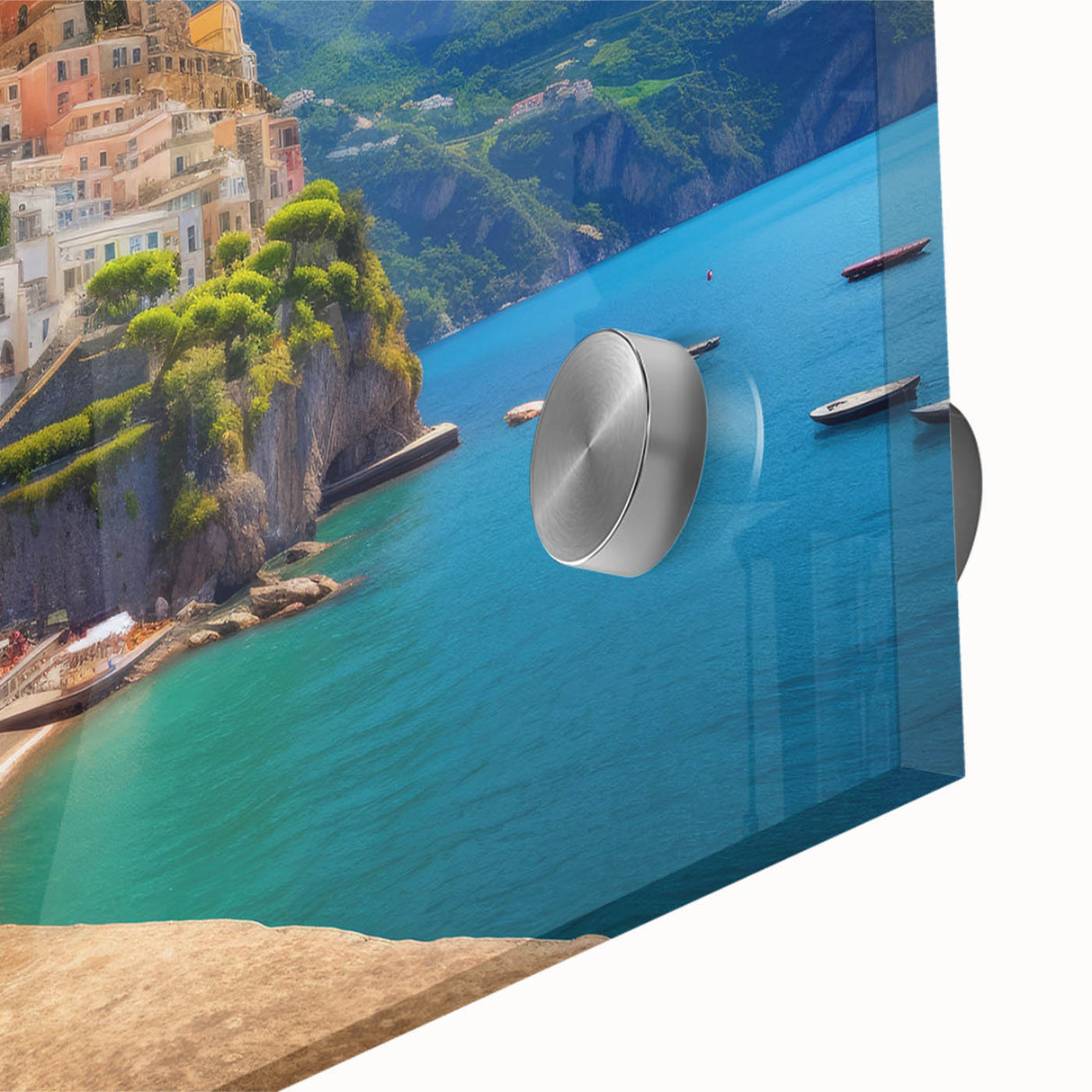 Large abstract acrylic print of Amalfi Coast with vibrant blue and pastel tones.