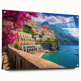 Acrylic print of Amalfi Coast with vibrant blue ocean and colorful cliffside houses, ideal for dining room decor.