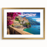 Abstract art print of the Amalfi Coast in pastel shades on a framed gold mat, ideal for bedroom or dining room decor.