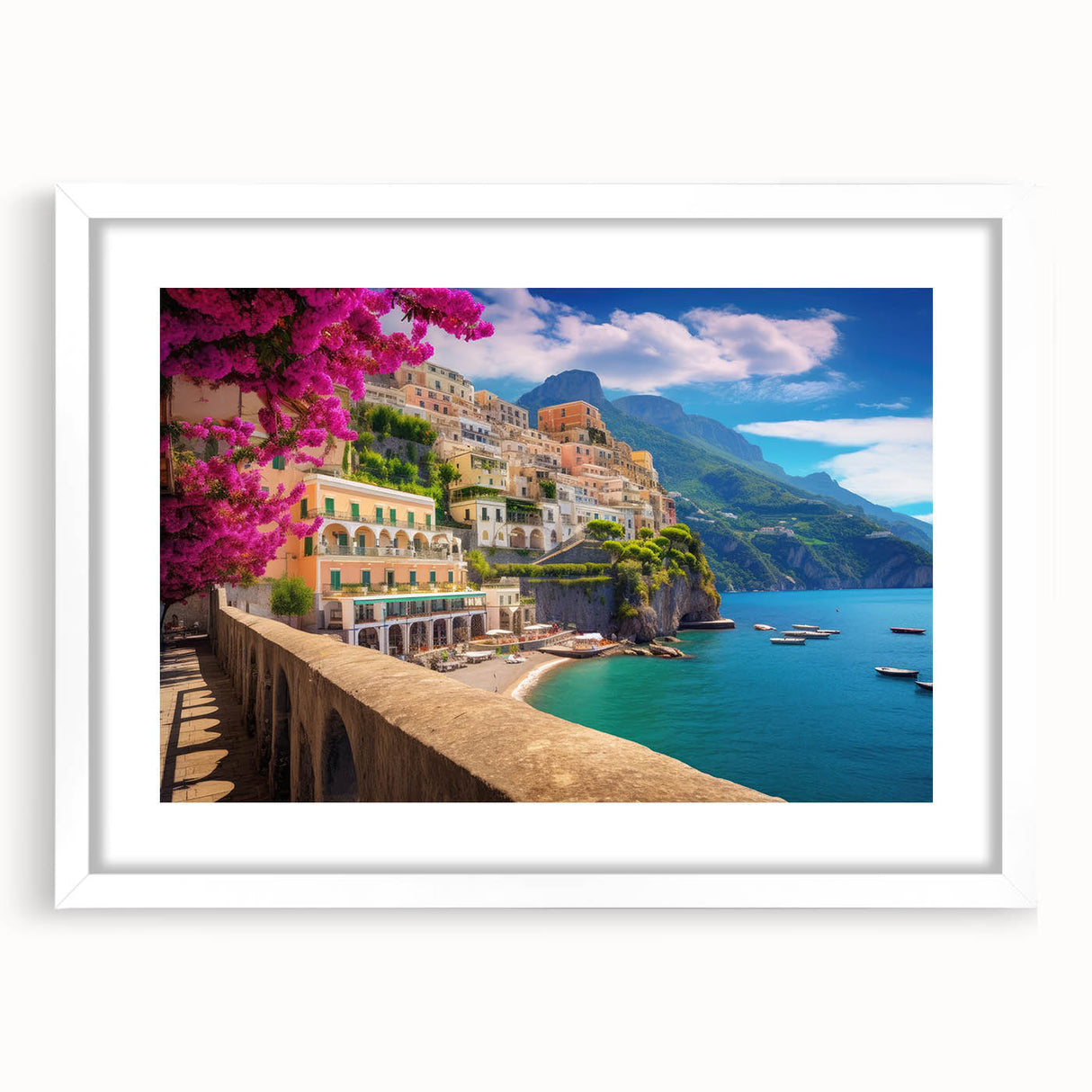 Textured art print of the Amalfi Coast in muted blue and white tones, framed with a white mat, ideal for bedroom decor.