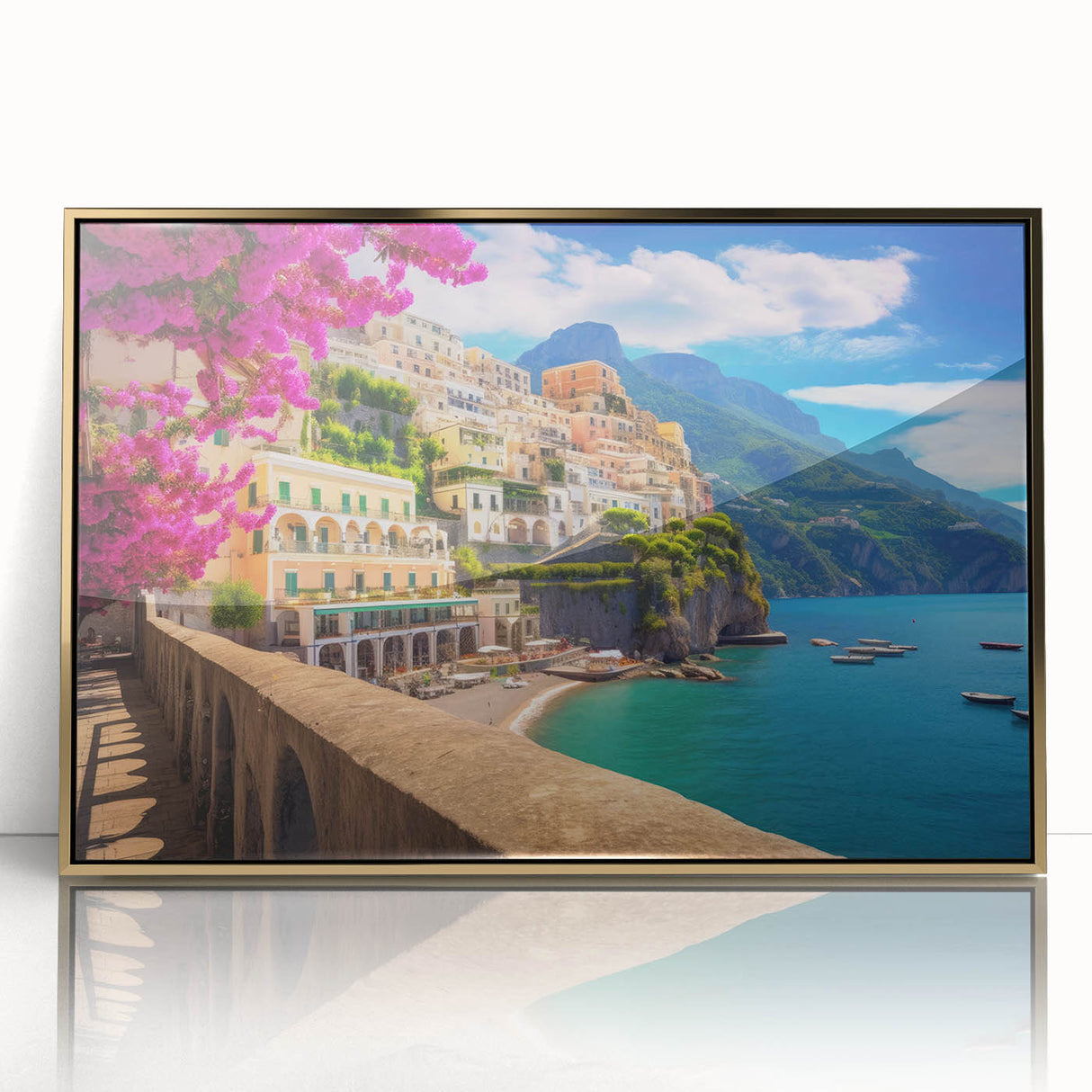 Art deco poster of Amalfi Coast with vibrant blue and gold tones, framed in acrylic, ideal for modern art wall decor.