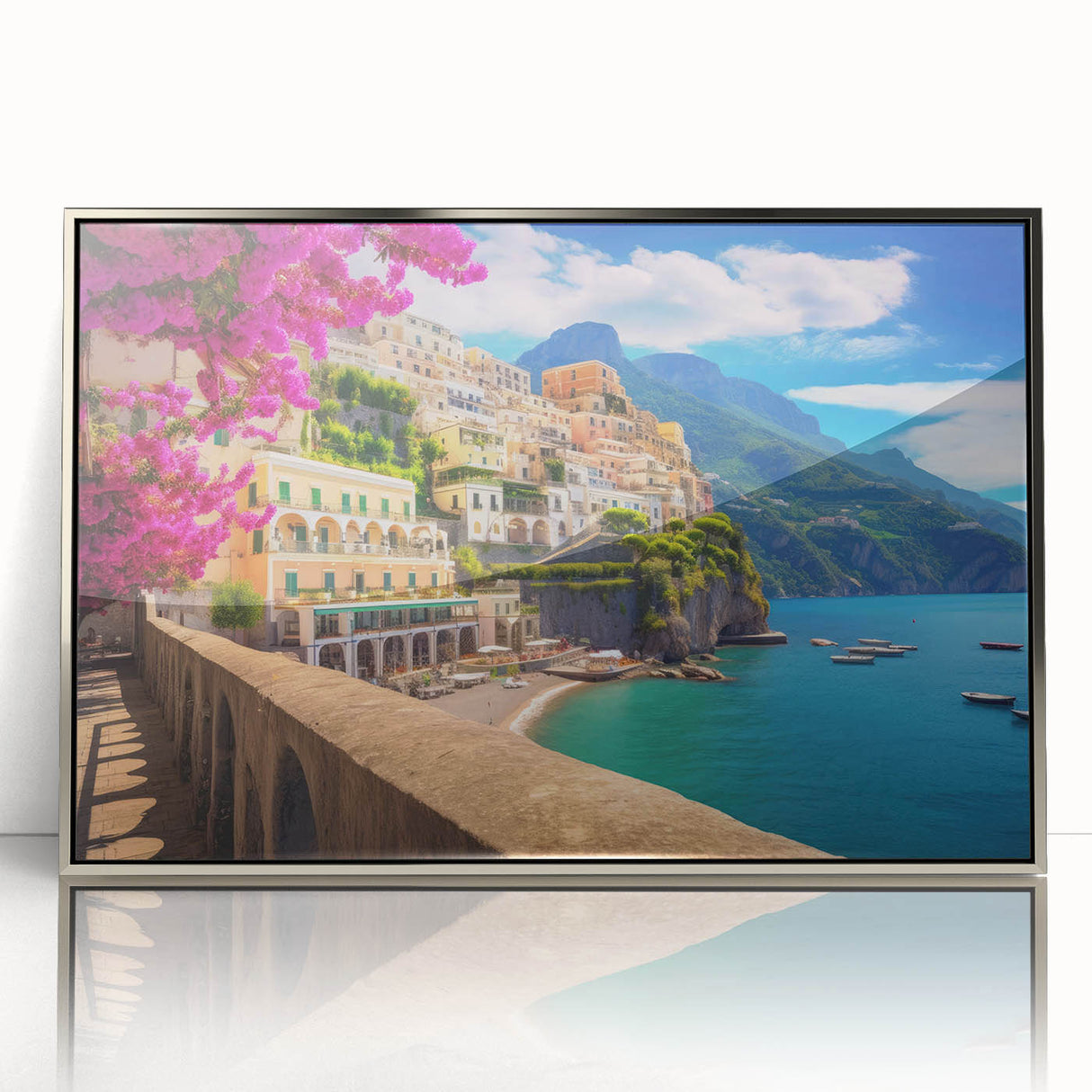 Acrylic print of the Amalfi Coast in pastel colors, framed in silver, suitable for modern art wall decor.