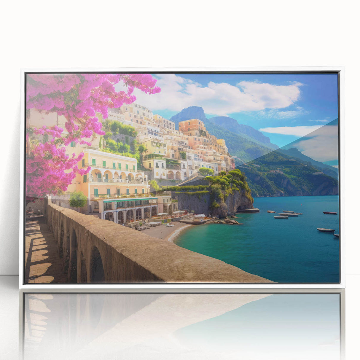 Mid-century modernist art depicting the Amalfi Coast in pastel shades on a framed acrylic, perfect for modern art wall decor.