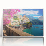 Mid-century modernist art depicting the Amalfi Coast in pastel shades on a framed acrylic, perfect for modern art wall decor.