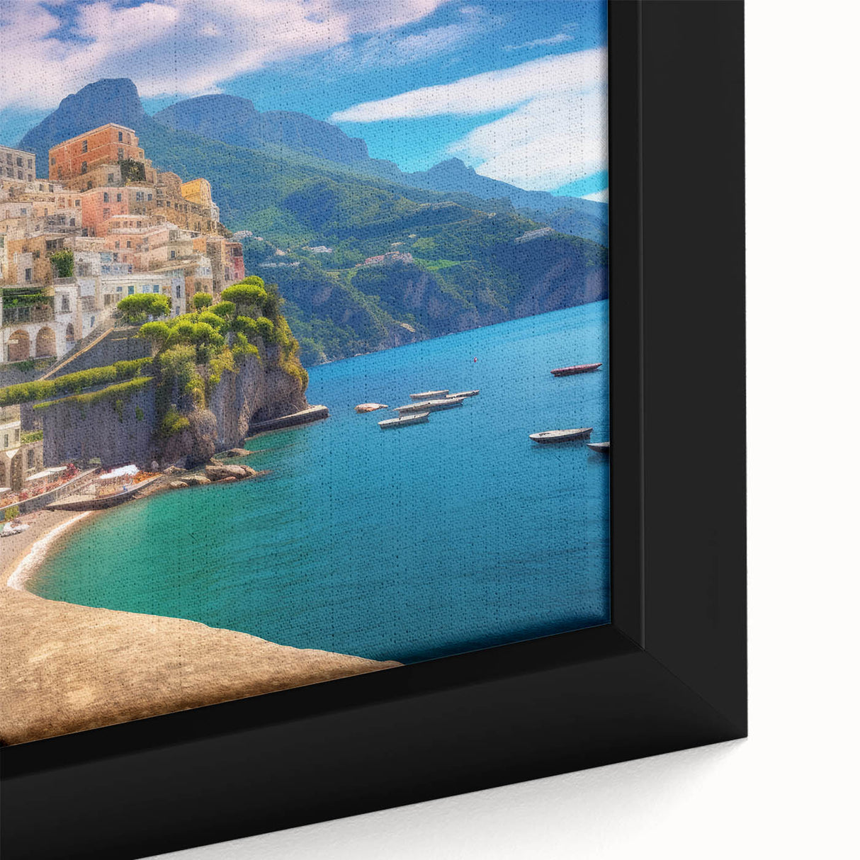Extra large framed canvas featuring a textured depiction of the Amalfi Coast in vibrant colors, ideal for living room decor.