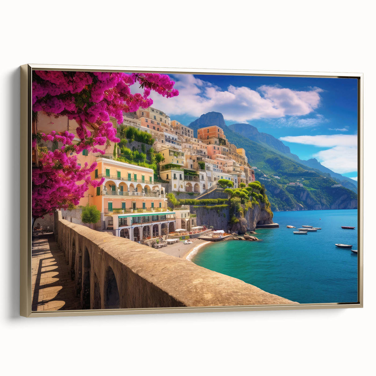Framed canvas of Amalfi Coast landscape in muted gold and black tones, ideal for bedroom wall art.