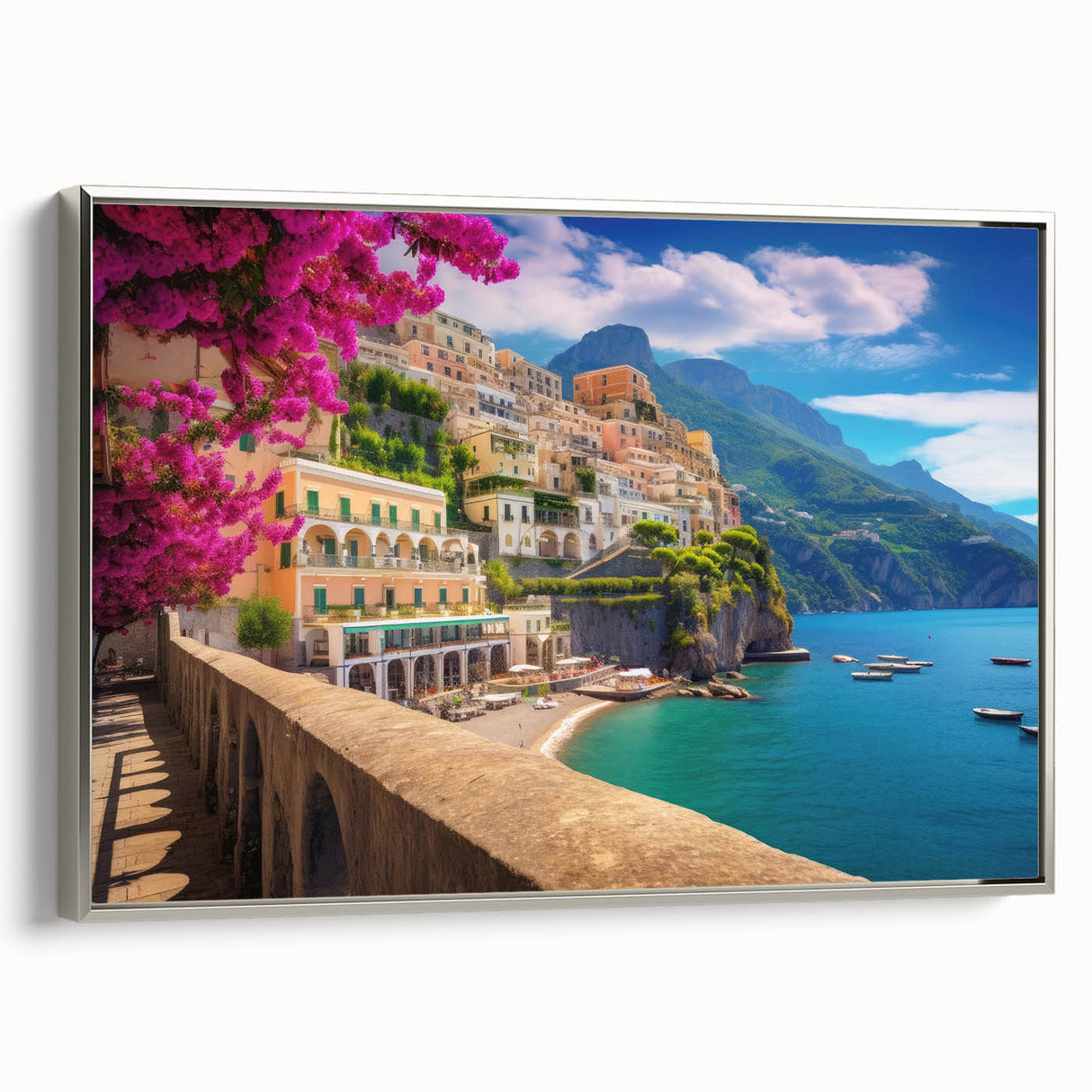 Framed canvas of a vintage-style landscape painting depicting the Amalfi Coast in Italy.