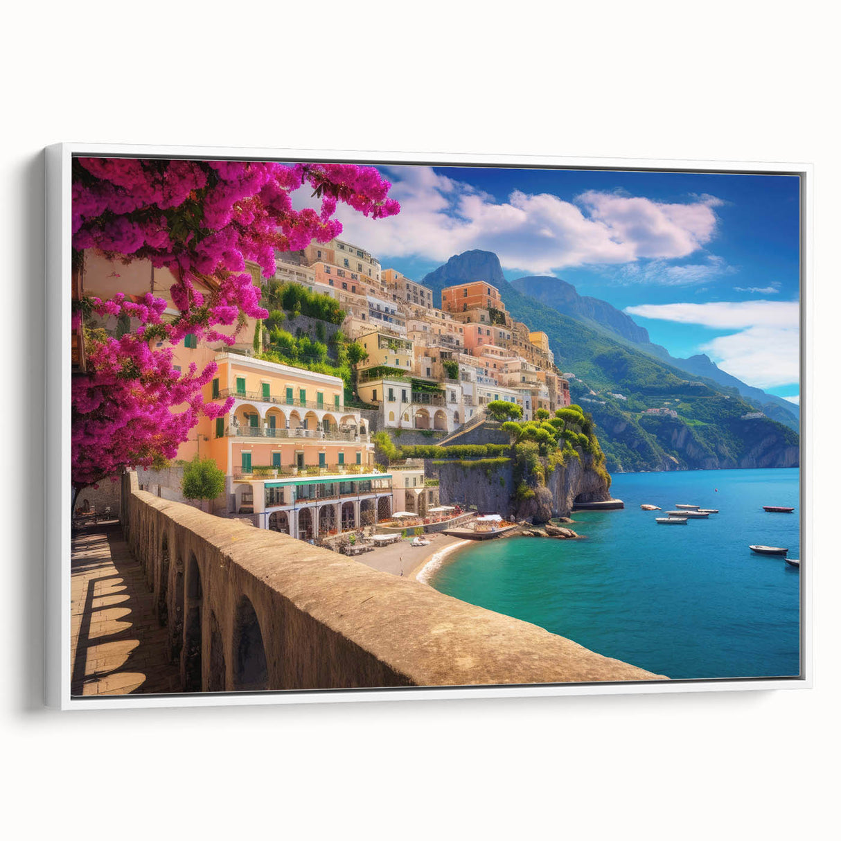 Vintage poster art of Amalfi Coast with colorful houses on extra large framed canvas, ideal for living room decor.
