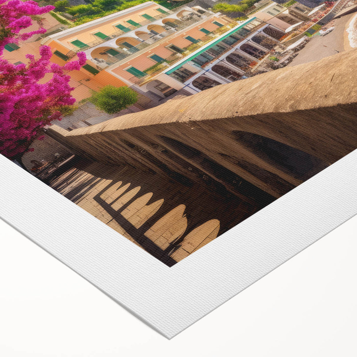 Art Deco poster of Amalfi Coast with vibrant blue and terracotta hues on rolled canvas, suitable for dining room decor.