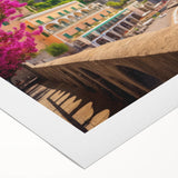 Art Deco poster of Amalfi Coast with vibrant blue and terracotta hues on rolled canvas, suitable for dining room decor.