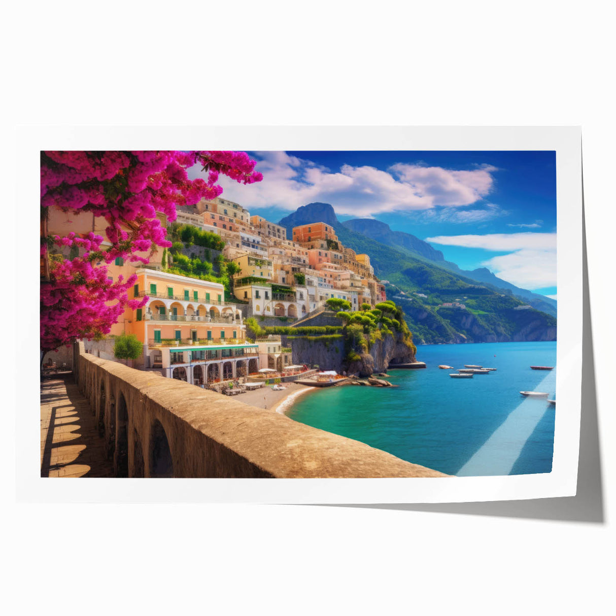 Amalfi Coast scenery in vibrant colors on a rolled canvas, perfect for dining room wall art.