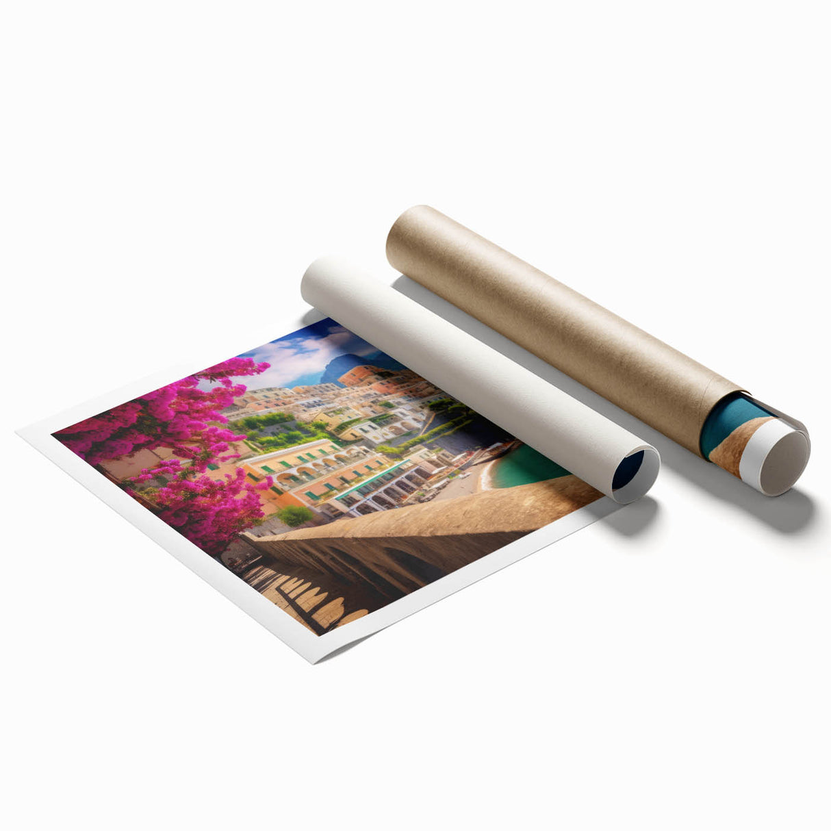 Extra large rolled print of the Amalfi Coast with vibrant blue and green hues, ideal for classy bathroom wall art.
