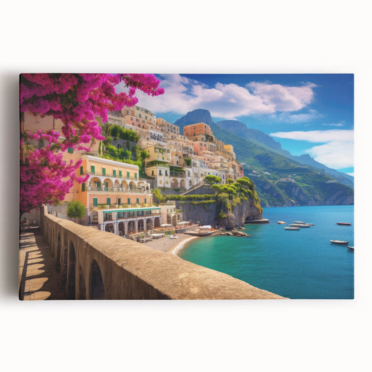Black and white stretched canvas of Amalfi Coast, ideal for kitchen wall art or bedroom ambiance.