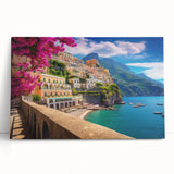 Black and white stretched canvas of Amalfi Coast scenery, ideal for kitchen wall art.