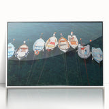 Framed acrylic print of Cinque Terre with vibrant coastal hues, in a mid-century modernist style.