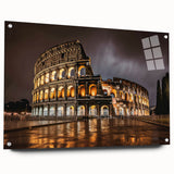 Acrylic print of the Colosseum in Italy with vibrant twilight hues, ideal for dining room art.
