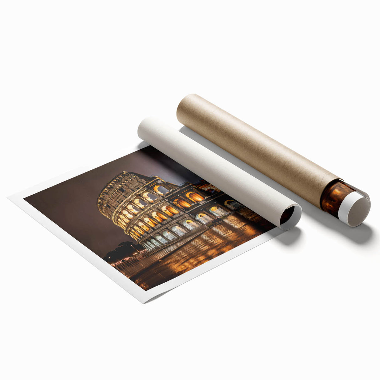 Image of the Colosseum in muted sepia tones on a rolled print, suitable for large living room or classy bathroom decor.