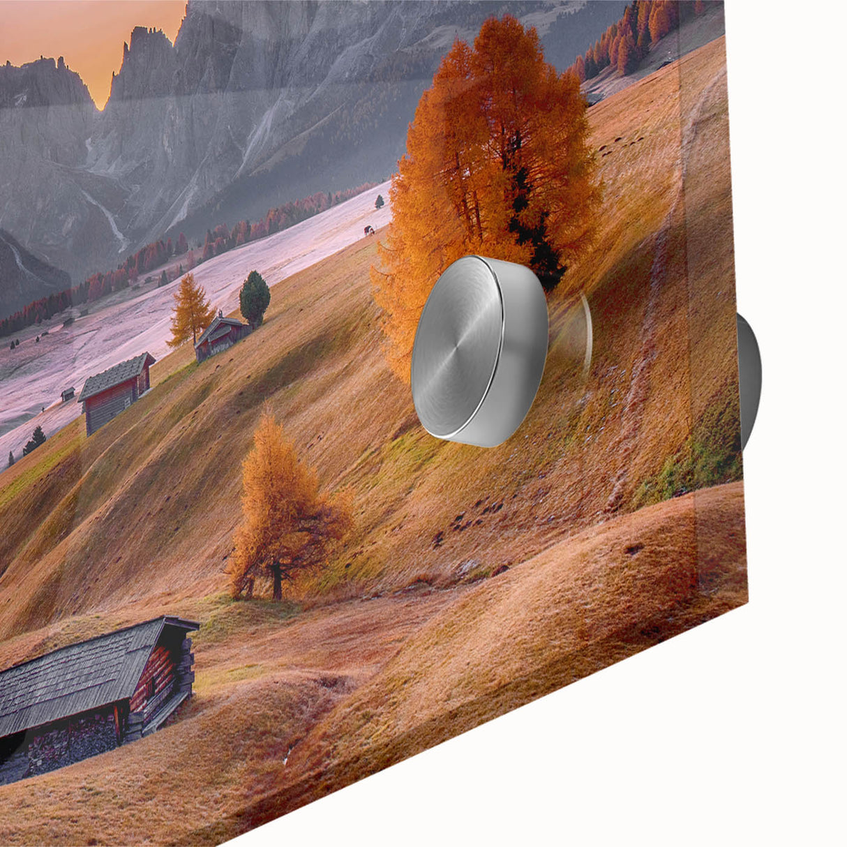 Large abstract depiction of the Dolomites in muted earth tones on acrylic glass, ideal for dining room art.