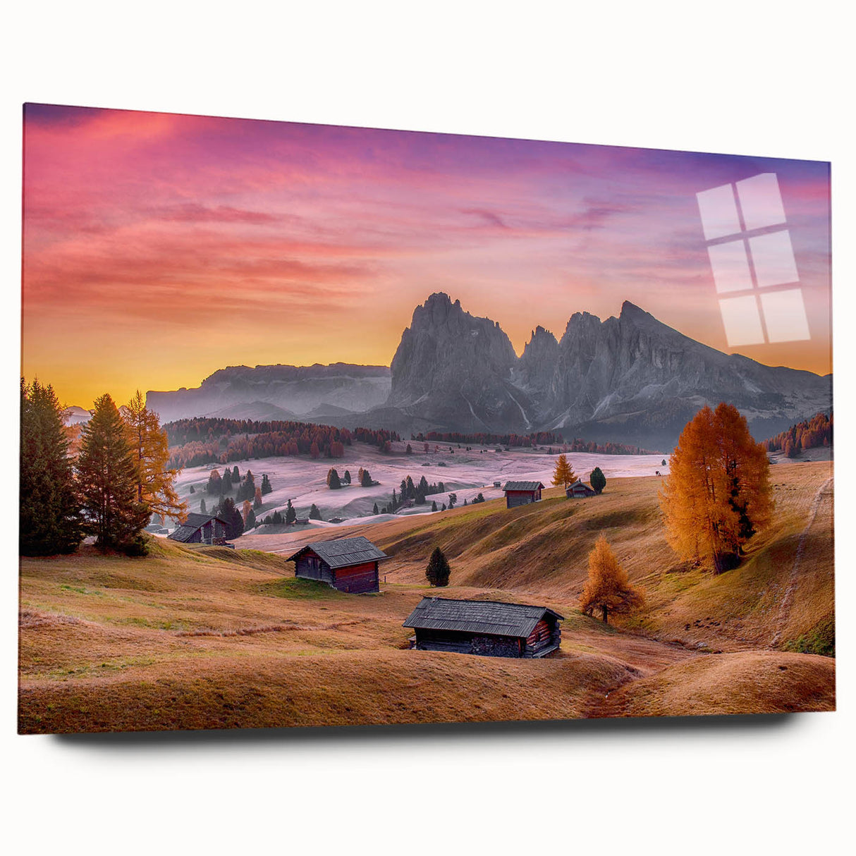 Acrylic print of the Dolomites in Italy featuring large abstract shapes in earthy tones.