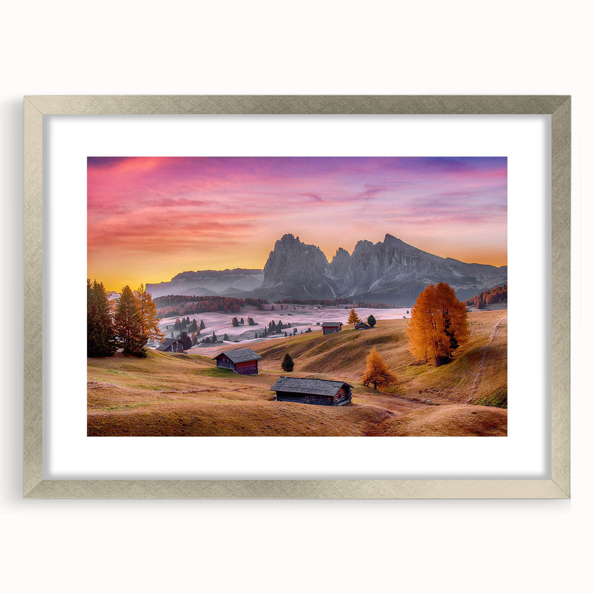 Extra large abstract art print of the Dolomites in Italy, featuring textured strokes in muted earth tones on a framed canvas.