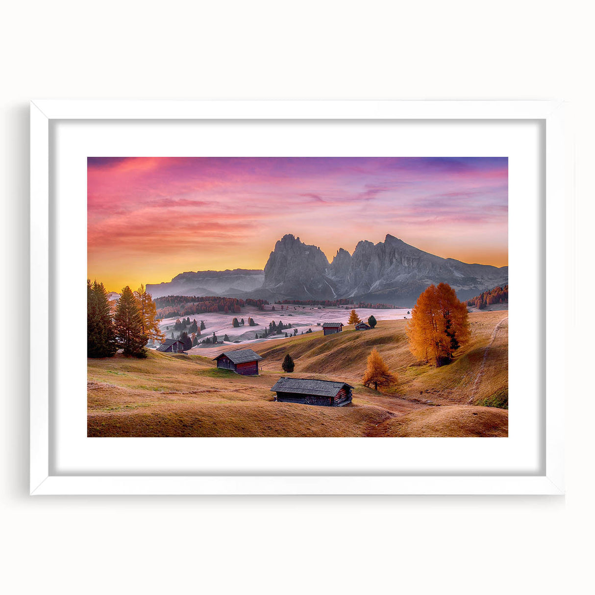 Textured art of Dolomites landscape in muted earth tones on a framed white mat, suitable for bedroom decor.