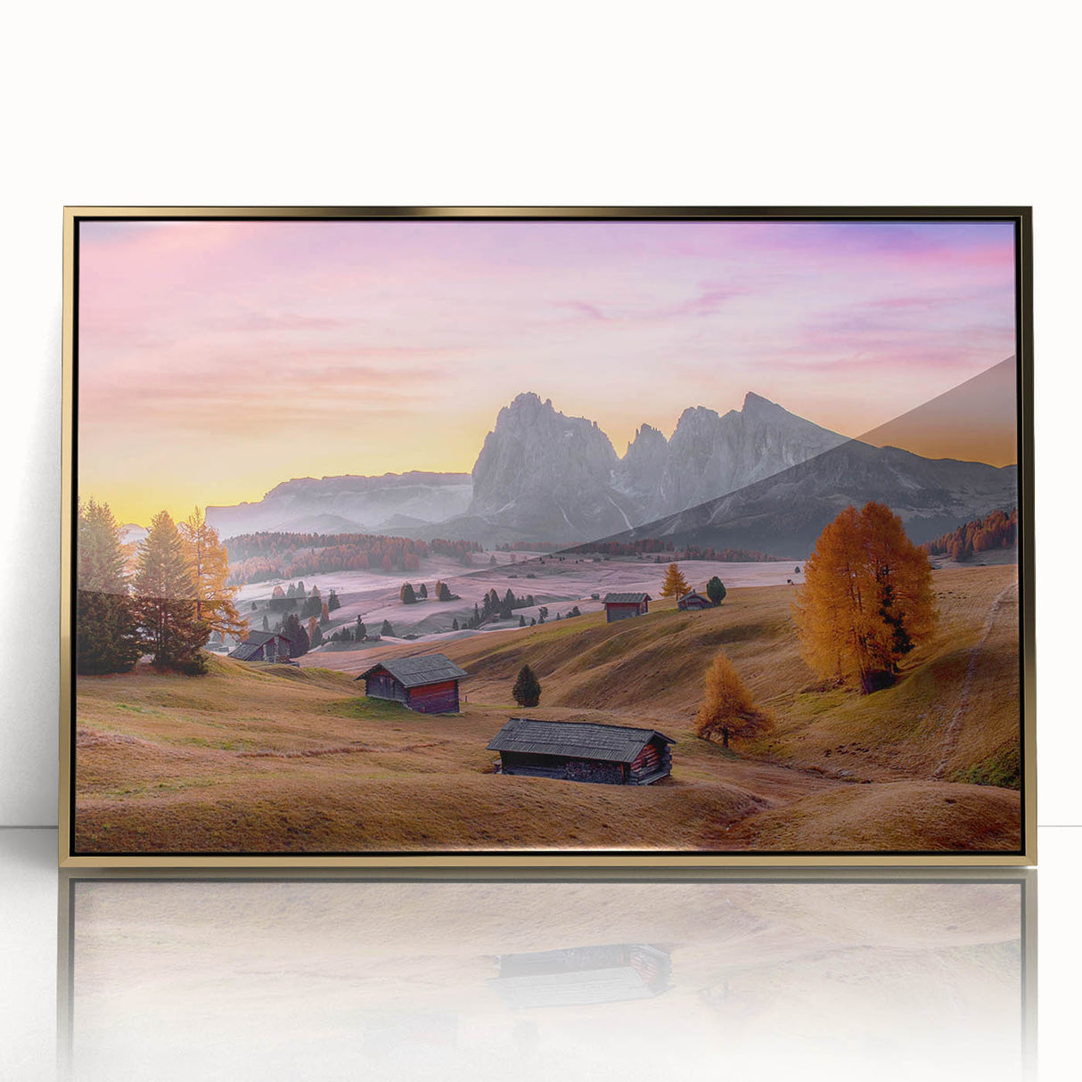 Framed acrylic print of the Dolomites in Italy with gold accents, ideal for modern art wall decor.