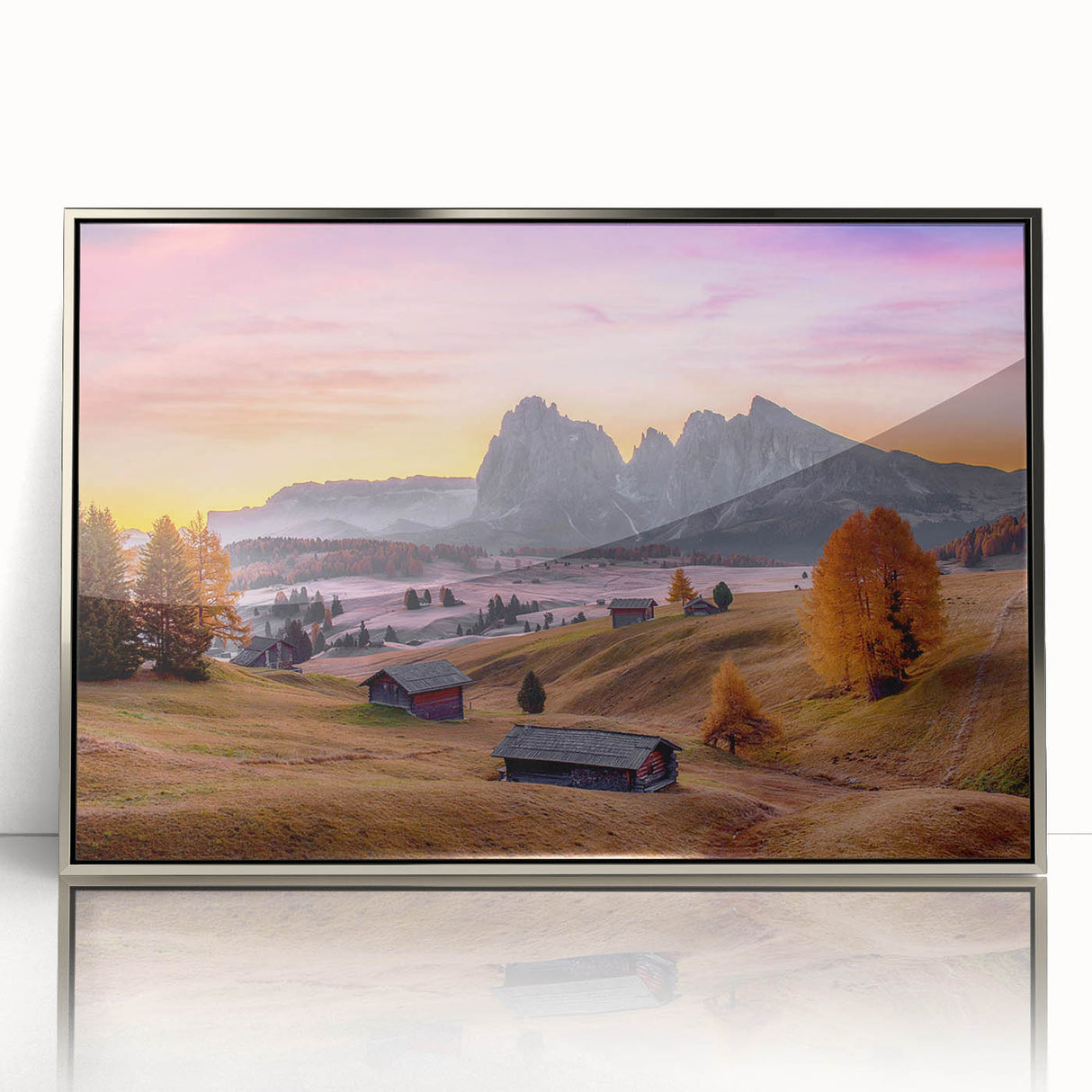 Large art print of the Dolomites in Italy on a framed acrylic, featuring muted earth tones and mid-century modernist style.